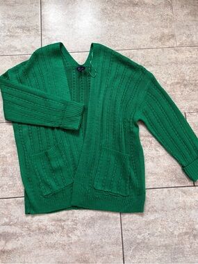 Green Open-Front Knit Cardigan Sweater